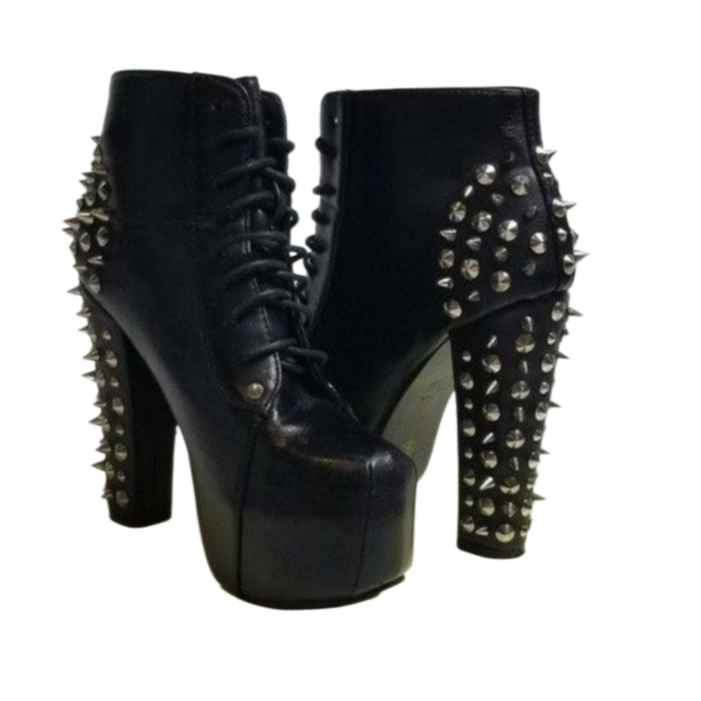 Y2K  Black Spike Platform Ankle Boots Women Goth Punk Skull Spikes Sz 6 Victoria - Picture 2 of 8